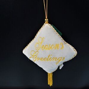 Season Greetings Ornament Mini Hanging Pillow Vintage Embroidery Christmas House